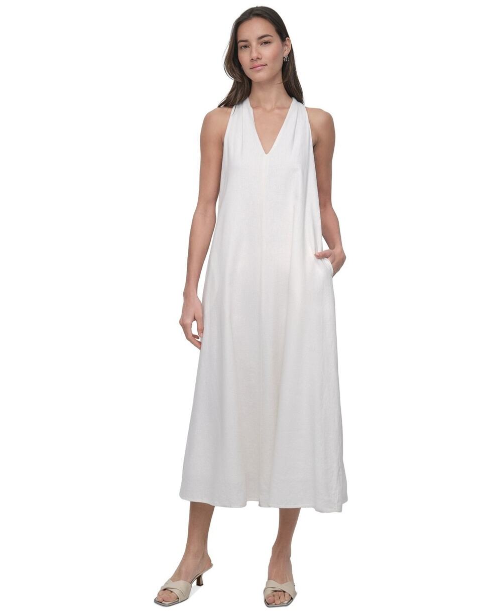 DKNY Jeans Women's V-Neck Racerback Linen-Blend Swing Dress Ivory Size S 3442